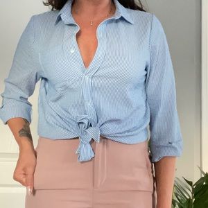 H&M Button Down Long Sleeve Summer Top with blue and white pinstripes